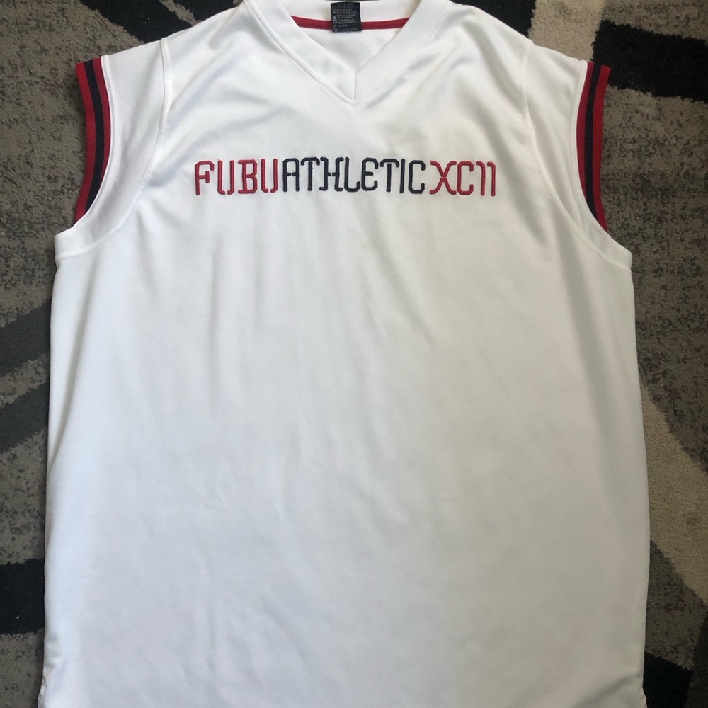 FUBU White Sleeveless Athletic Jersey with Red and Black Trim